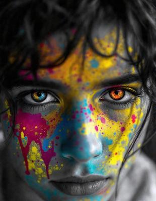 The primary subject of the image is a woman with a face painted in various colors, including blue, yellow, and red. The setting is a close-up of her face, and the visual style appears to be a combination of a photo and digital art. The colors and mood of the image are vibrant and lively, with the woman's face being the main focus of the scene.